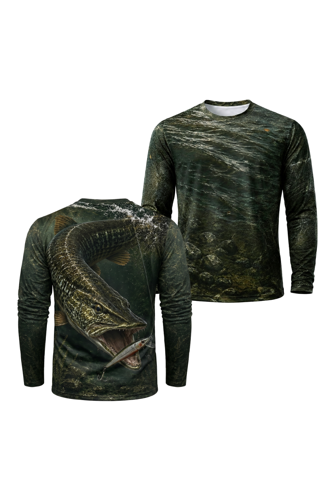 Performance Fishing Long Sleeve - Dark River Musky Strike - RM04 two shirts front artwork