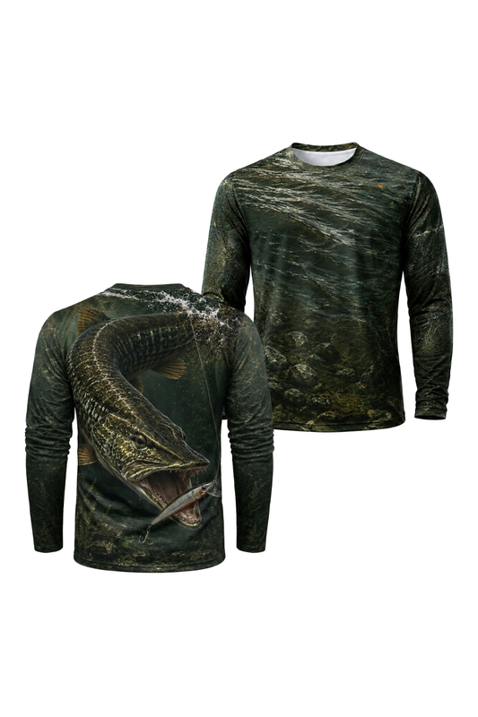 Performance Fishing Long Sleeve - Dark River Musky Strike - RM04 two shirts front artwork
