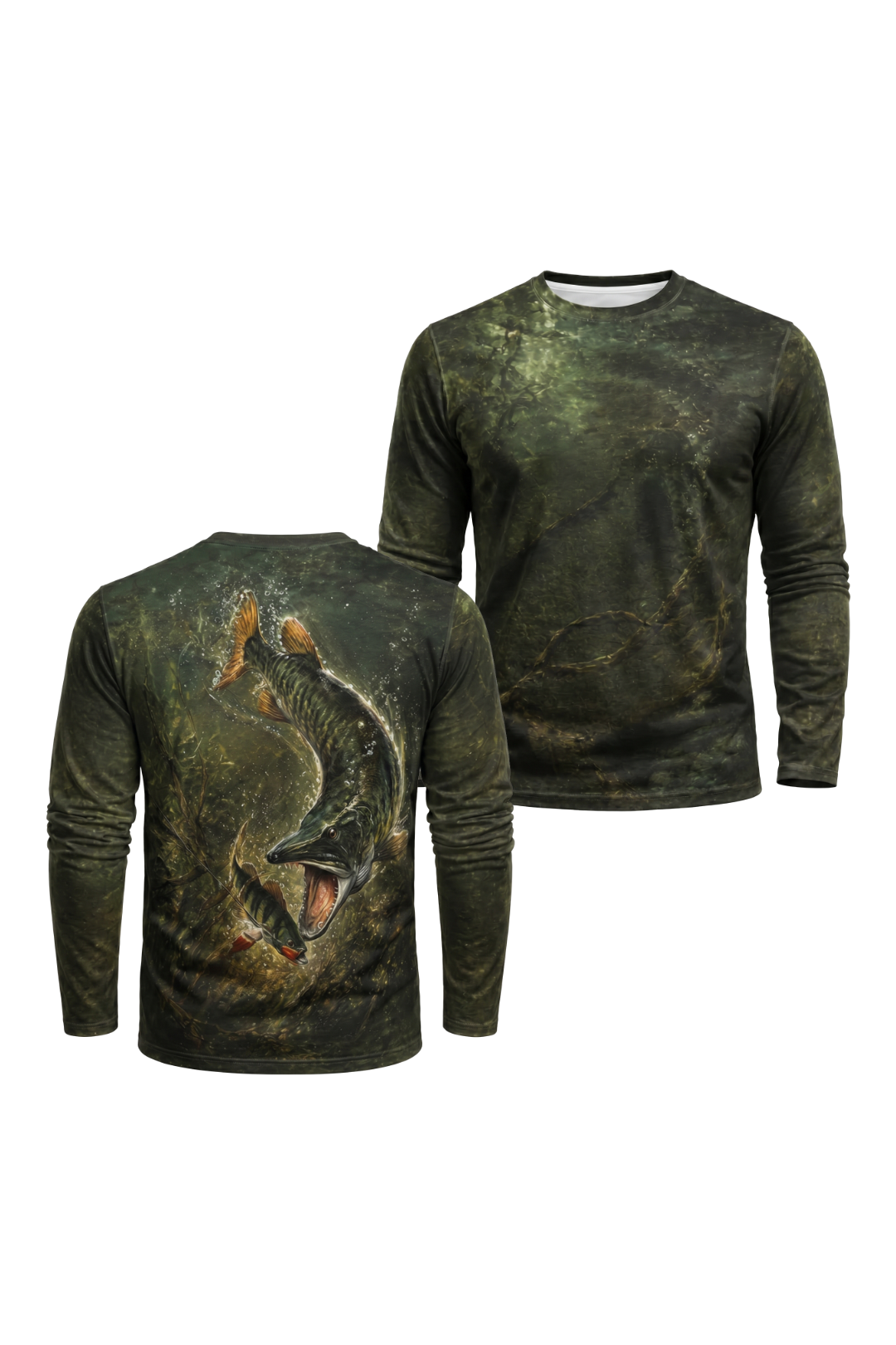 Performance Fishing Long Sleeve - Dark Weed Musky Strike - AOF63 two shirts front artwork
