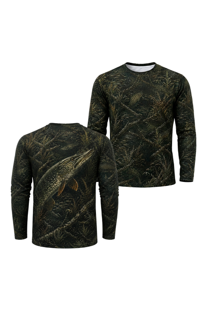 Performance Fishing Long Sleeve - Dark Weed Pike Ambush - RNP04 two shirts front artwork