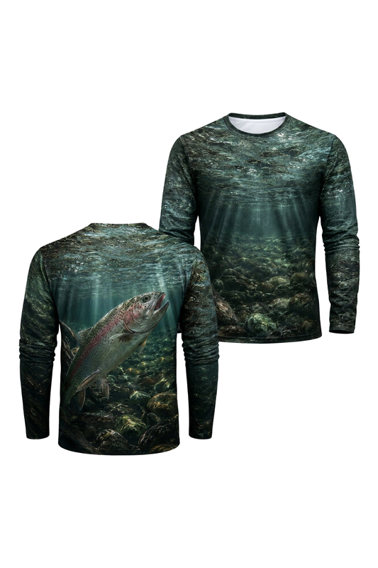 Performance Fishing Long Sleeve - Deep Current Rainbow Trout - RT14 two shirts front artwork
