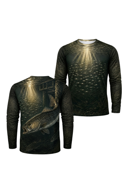 Performance Fishing Long Sleeve - Dock Light Speckled Trout - RT04 two shirts front artwork
