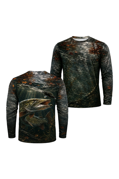 Performance Fishing Long Sleeve - Fall Figure Eight Musky - RM12 two shirts front artwork