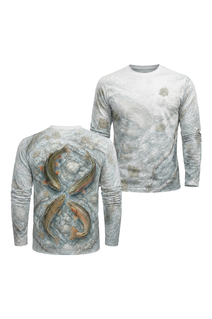 Performance Fishing Long Sleeve - Four Current Trout - AOF72 two shirts front artwork