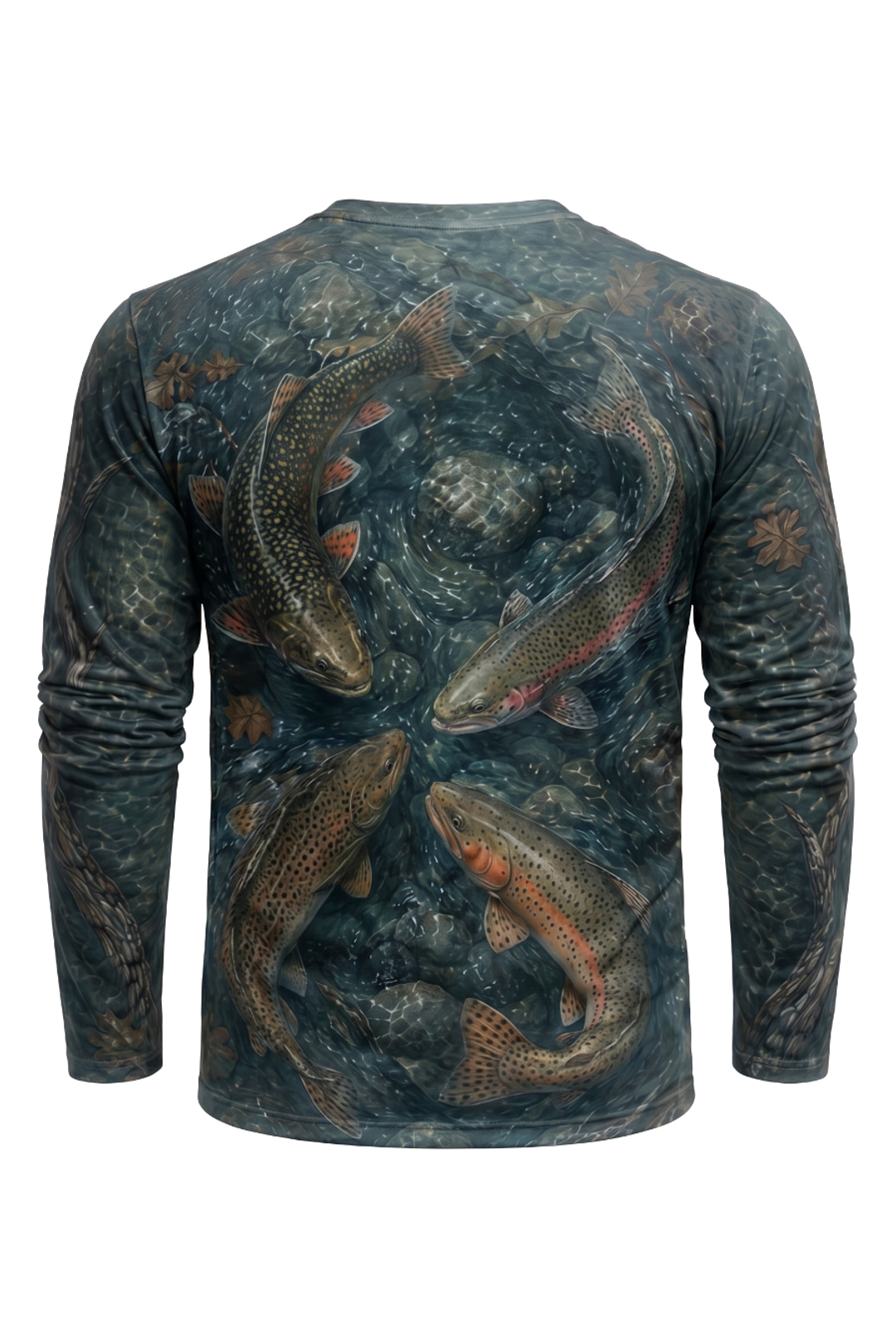 Performance Fishing Long Sleeve - Four Current Trout - AOF73 mockup artwork side