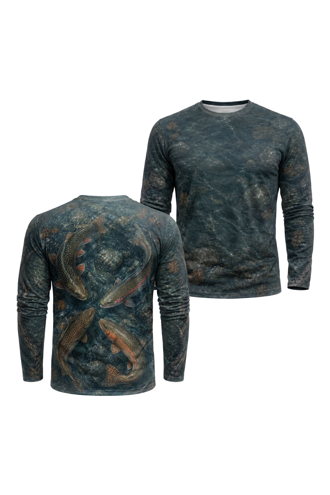 Performance Fishing Long Sleeve - Four Current Trout - AOF73 two shirts front artwork