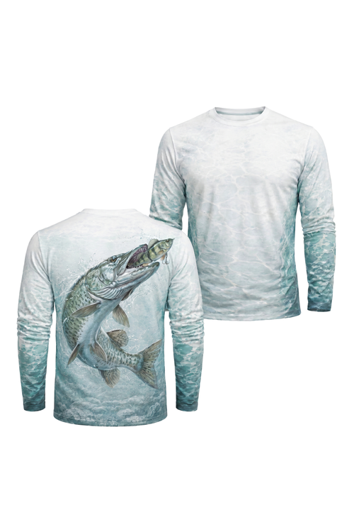 Performance Fishing Long Sleeve - Frost Musky Strike - AOF111 two shirts front artwork