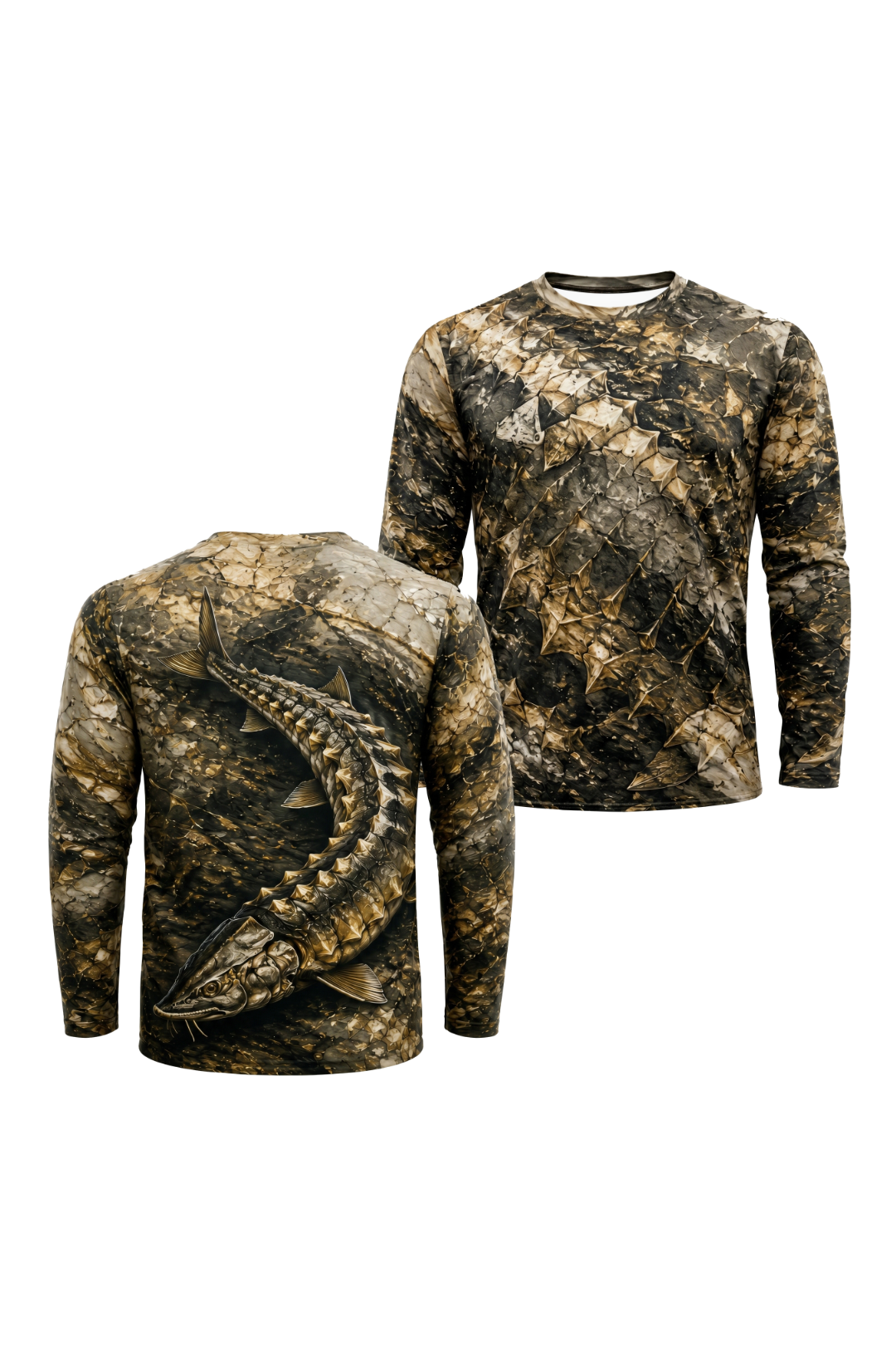 Performance Fishing Long Sleeve - Gilded Armor Sturgeon - TBT136 two shirts front artwork