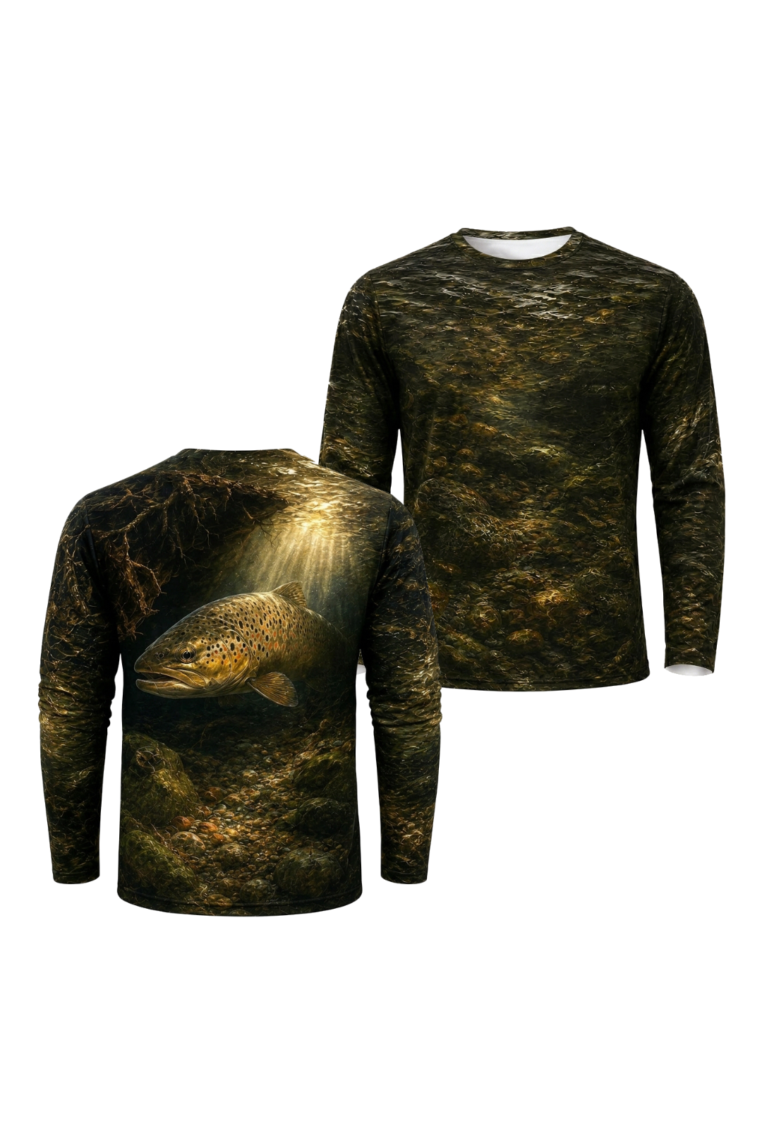 Performance Fishing Long Sleeve - Golden Creek Brown Trout - RT12 two shirts front artwork