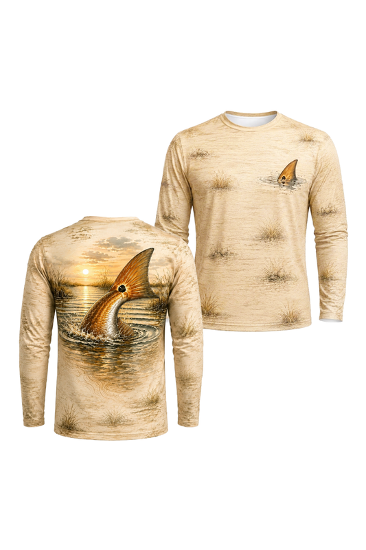 Performance Fishing Long Sleeve - Golden Flats Redfish Tail - RRF01 two shirts front artwork