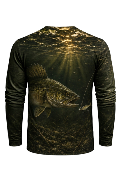 Performance Fishing Long Sleeve - Golden Night Walleye Strike - RW15 mockup artwork side