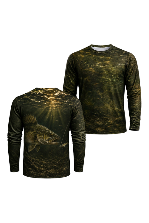 Performance Fishing Long Sleeve - Golden Night Walleye Strike - RW15 two shirts front artwork