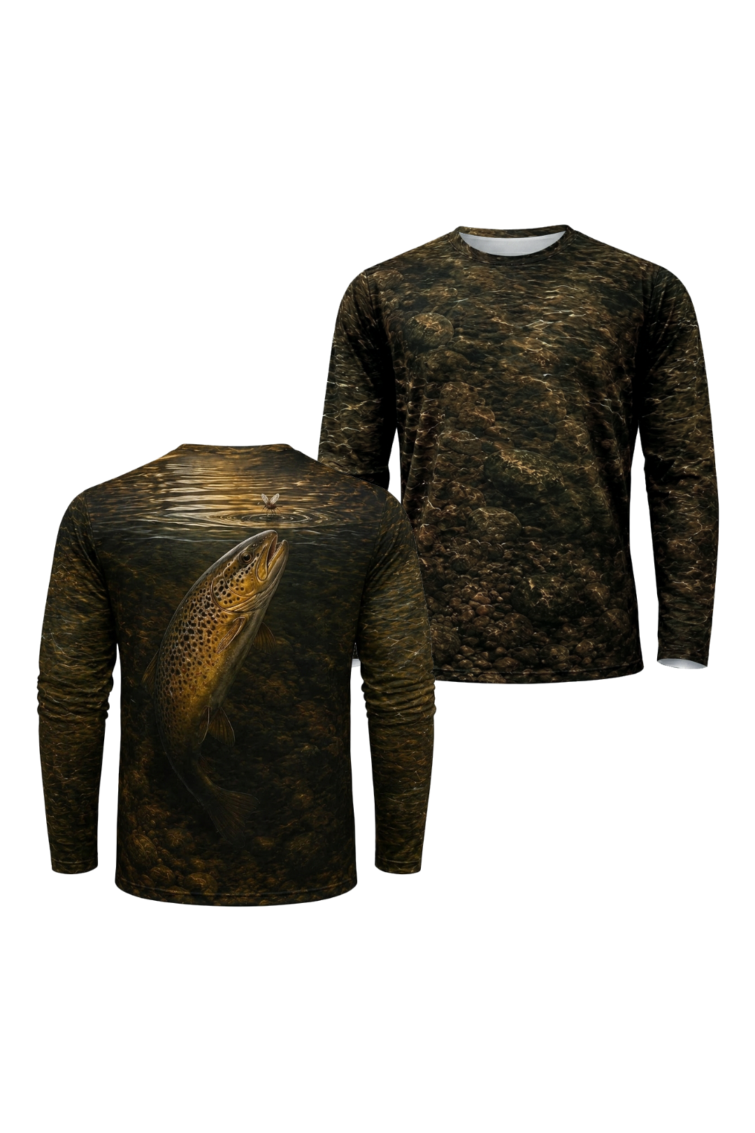 Performance Fishing Long Sleeve - Golden Rise Brown Trout - RT10 two shirts front artwork