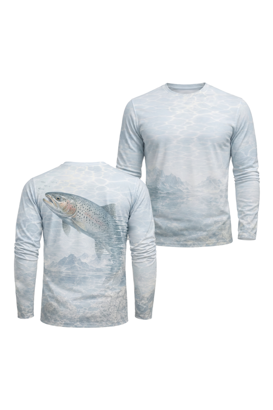 Performance Fishing Long Sleeve - High Basin Mirage Trout - AOF78 two shirts front artwork