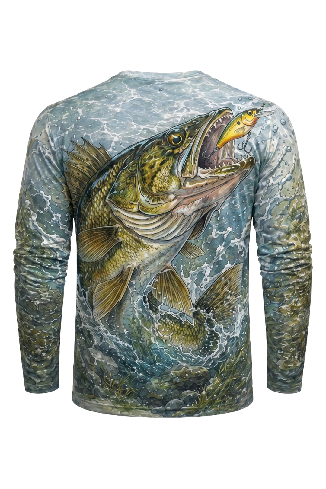 Performance Fishing Long Sleeve - Hookflash Walleye - AOF100 mockup artwork side