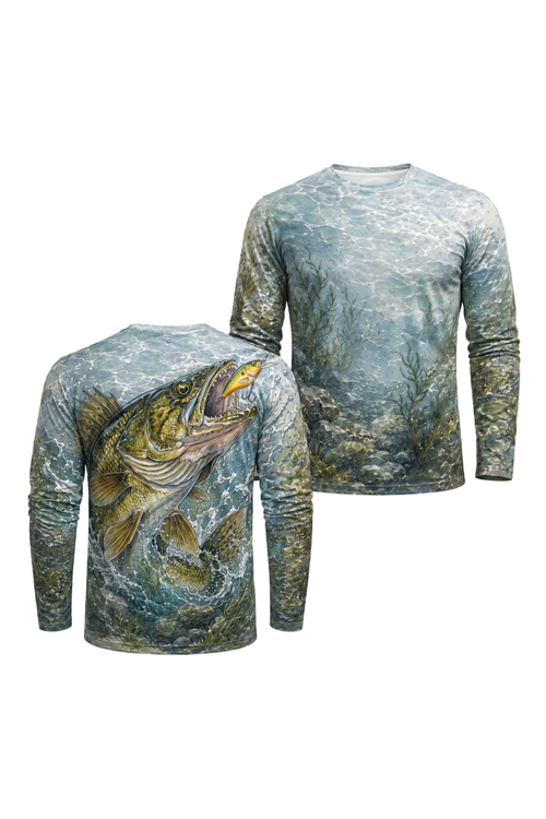 Performance Fishing Long Sleeve - Hookflash Walleye - AOF100 two shirts front artwork