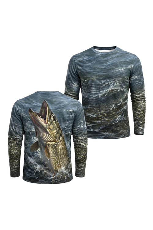 Performance Fishing Long Sleeve - Icewake Pike - AOF103 two shirts front artwork