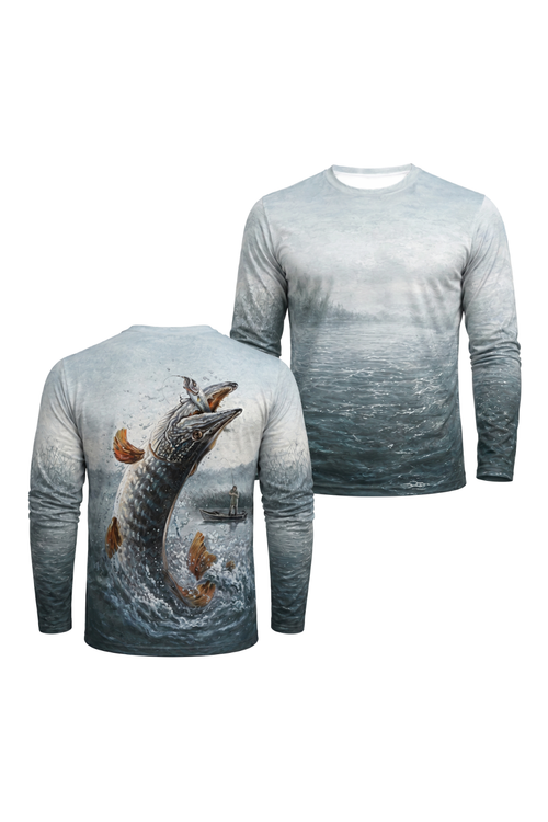 Performance Fishing Long Sleeve - Lake Surge Pike - AOF95 two shirts front artwork