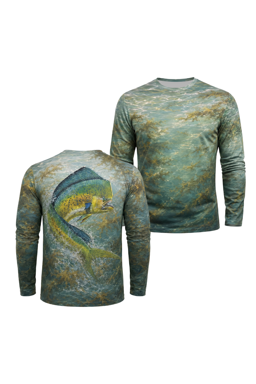 Performance Fishing Long Sleeve - Mahi mahi Gold Rush - AOF40 two shirts front artwork