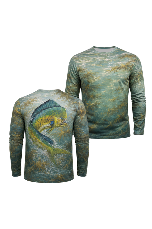 Performance Fishing Long Sleeve - Mahi mahi Gold Rush - AOF40 two shirts front artwork