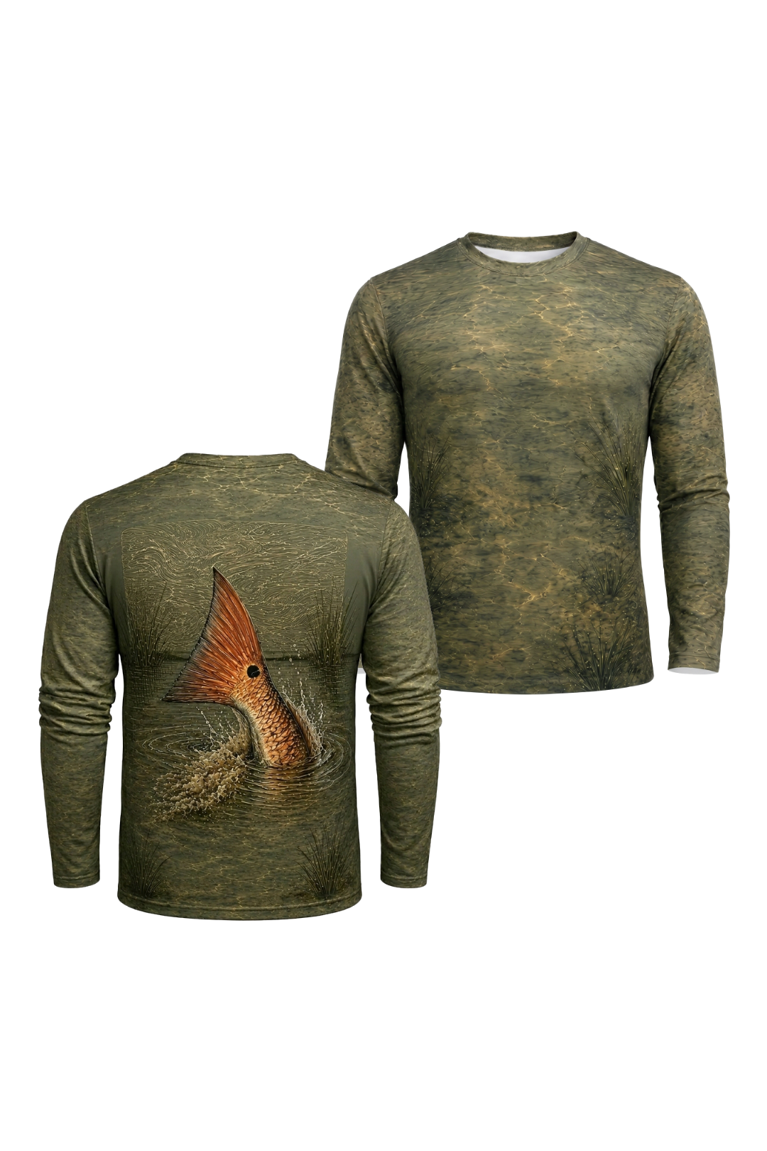 Performance Fishing Long Sleeve - Marsh Flats Redfish Tail - RRF04 two shirts front artwork