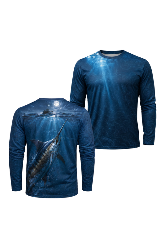 Performance Fishing Long Sleeve - Midnight Marlin - RS01 two shirts front artwork