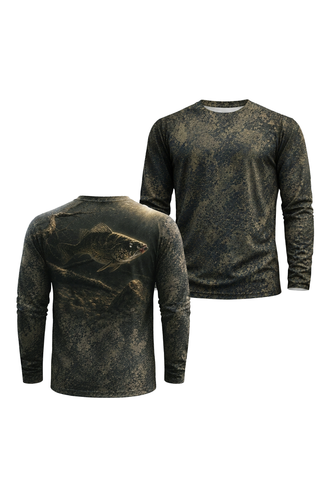 Performance Fishing Long Sleeve - Midnight Snag Walleye - TBT190 two shirts front artwork