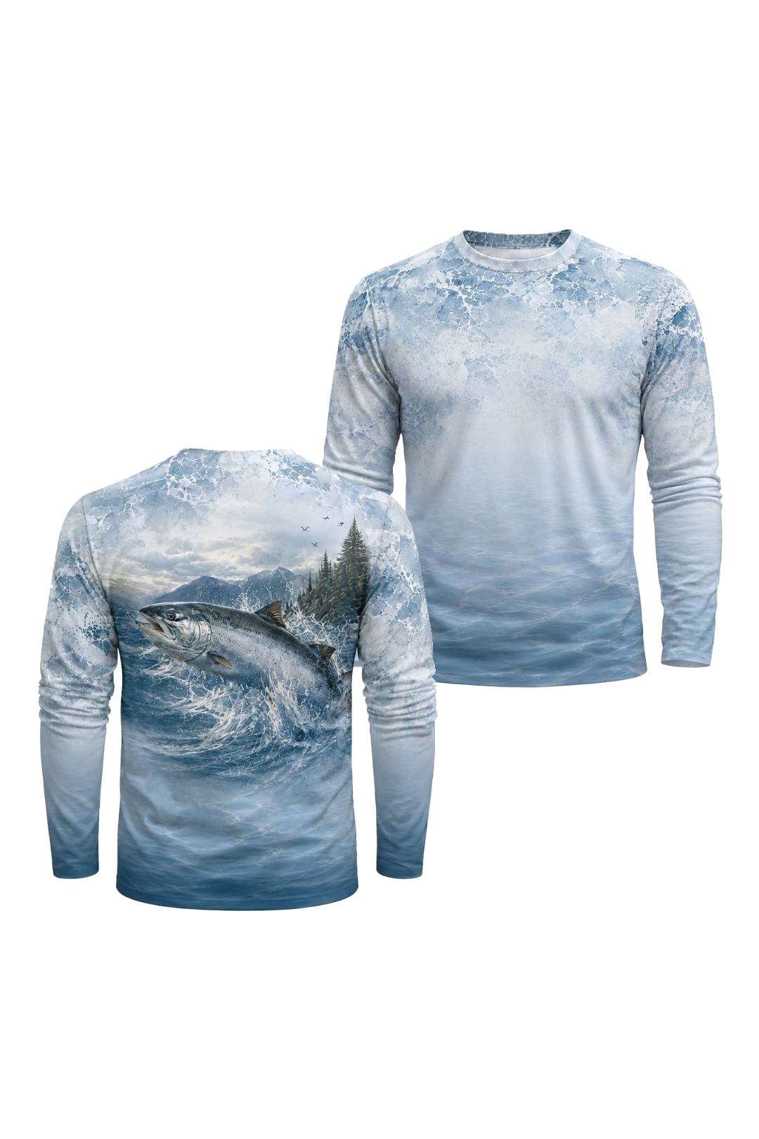 Performance Fishing Long Sleeve - Misty Rapids Salmon - TBT155 two shirts front artwork