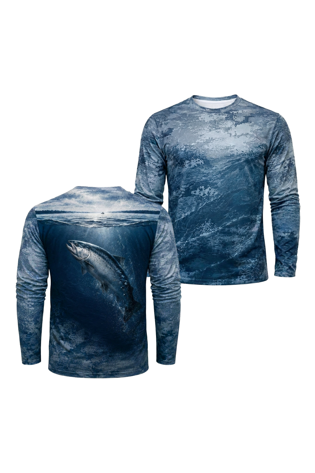 Performance Fishing Long Sleeve - Misty River Salmon - TBT154 two shirts front artwork