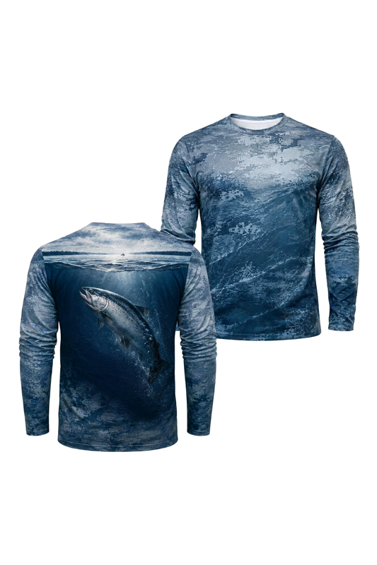Performance Fishing Long Sleeve - Misty River Salmon - TBT154 two shirts front artwork