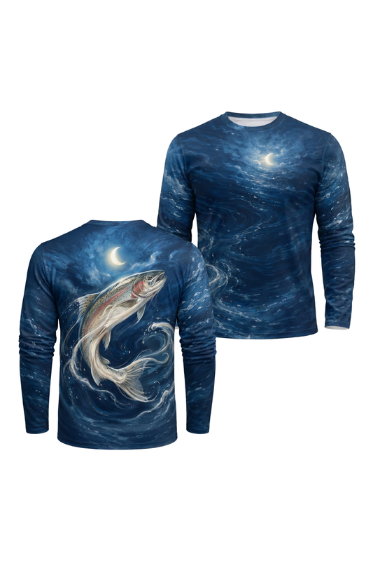 Performance Fishing Long Sleeve - Mooncurrent Trout - AOF91 two shirts front artwork