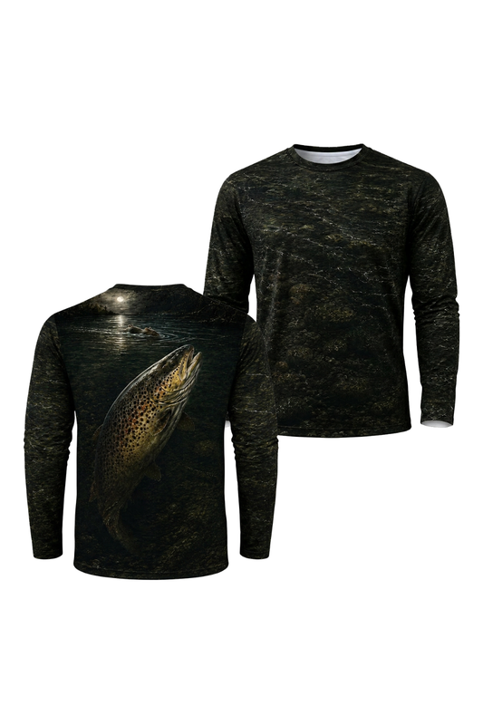 Performance Fishing Long Sleeve - Moonrise Brown Trout - RT11 two shirts front artwork