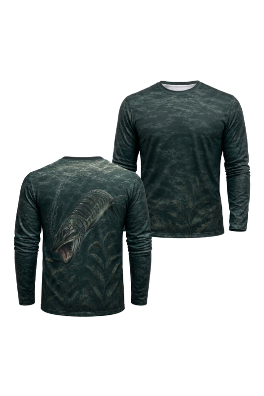 Performance Fishing Long Sleeve - Muskie Darkwater Ambush - AOF46 two shirts front artwork