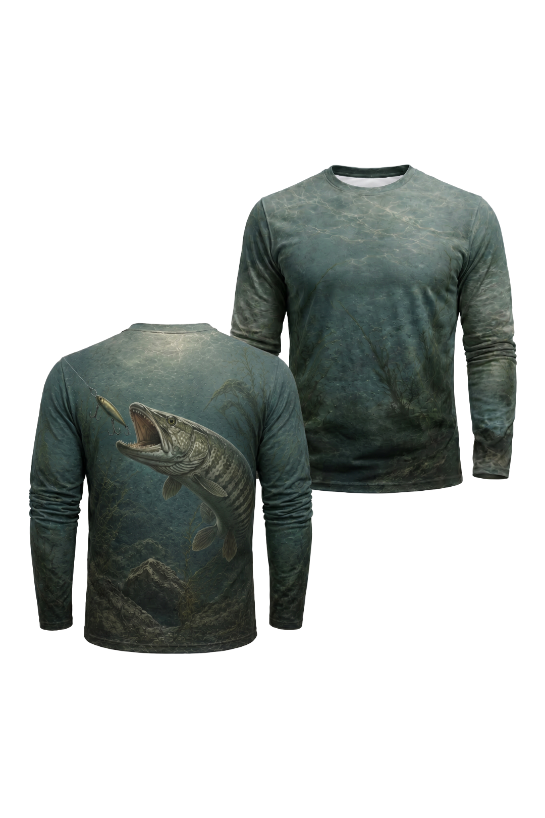 Performance Fishing Long Sleeve - Muskie Deep Ambush - AOF57 two shirts front artwork