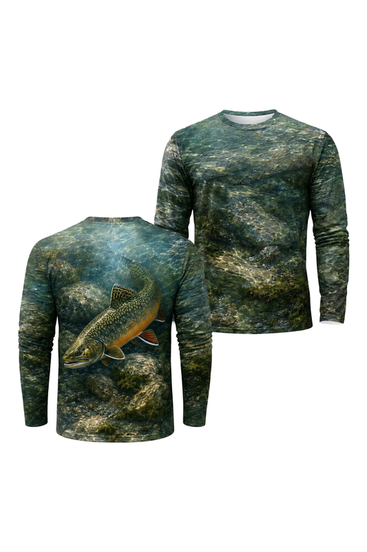 Performance Fishing Long Sleeve - Native Brook Trout Run - RT13 two shirts front artwork