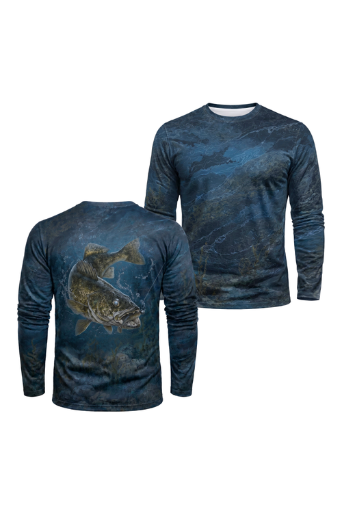 Performance Fishing Long Sleeve - Naval Walleye Strike - AOF110 two shirts front artwork