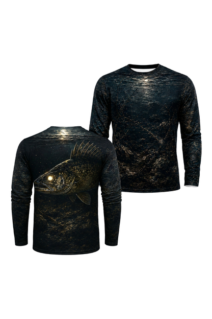 Performance Fishing Long Sleeve - Nightfall Timber Walleye - TBT181 two shirts front artwork