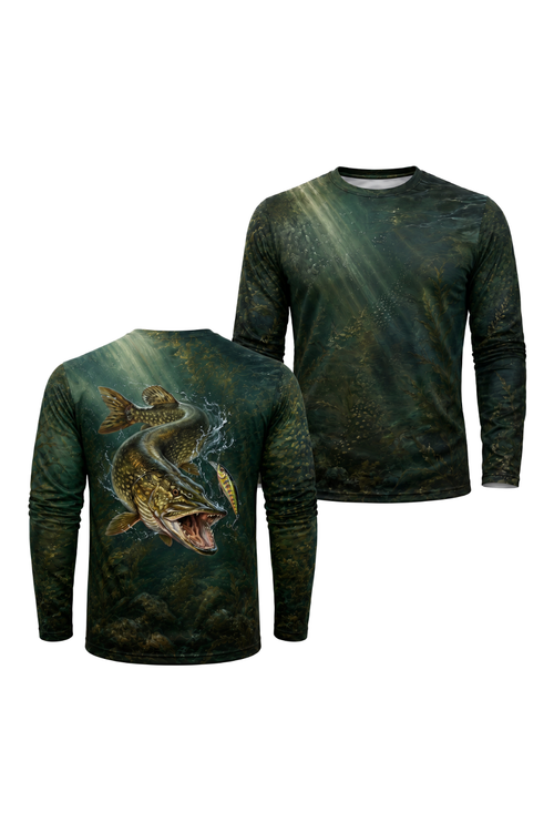 Performance Fishing Long Sleeve - Northern Pike Weedbed Ambush - AOF97 two shirts front artwork