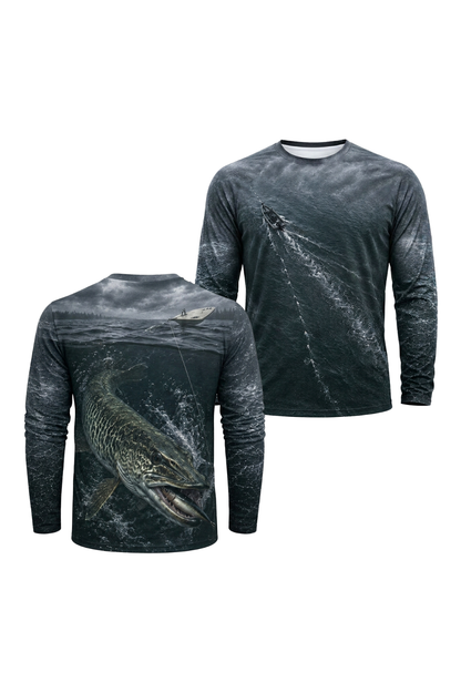 Performance Fishing Long Sleeve - Open-Water Trolling Hookup - RM01 two shirts front artwork