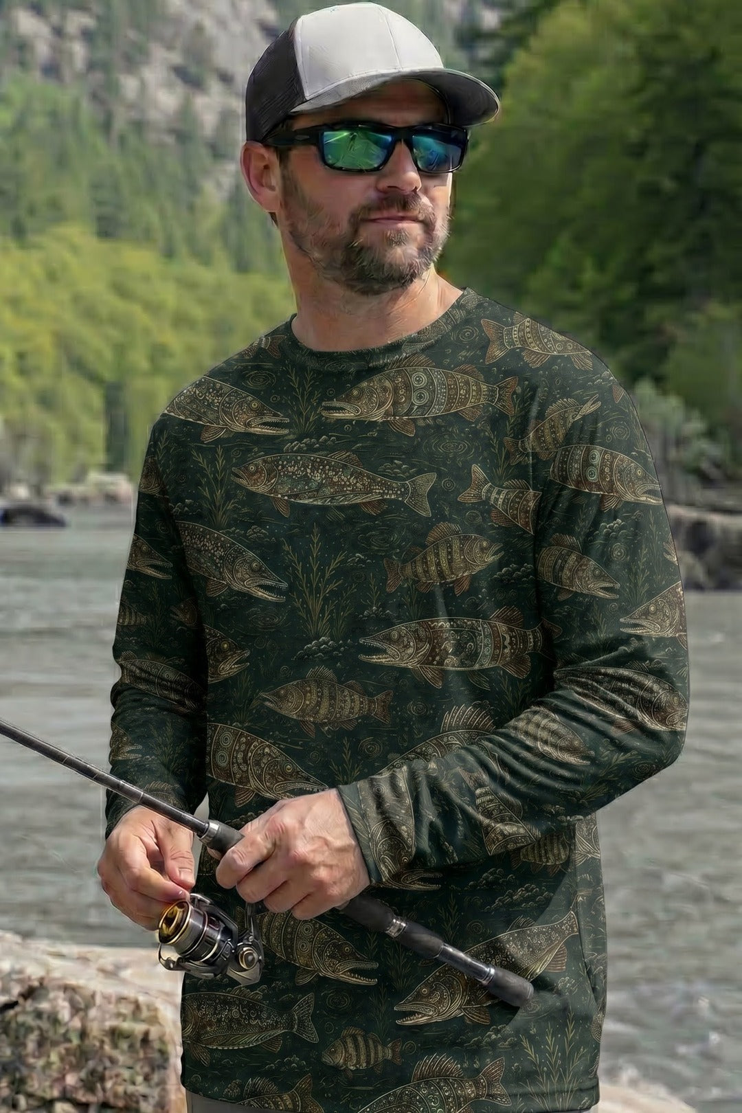Performance Fishing Long Sleeve - Ornate Pike Pattern - RP03 lifestyle artwork side