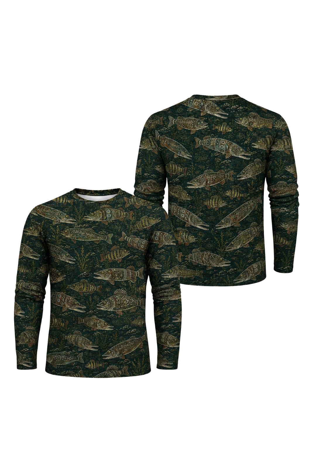 Performance Fishing Long Sleeve - Ornate Pike Pattern - RP03 two shirts front artwork