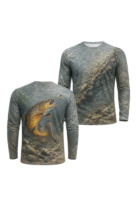 Performance Fishing Long Sleeve - Ozark Current Crown Brown - AOF81 two shirts front artwork