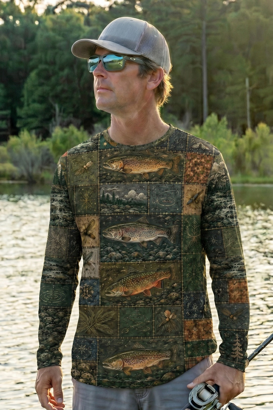 Performance Fishing Long Sleeve - Patchwork Trout Camp - RP06 lifestyle artwork side