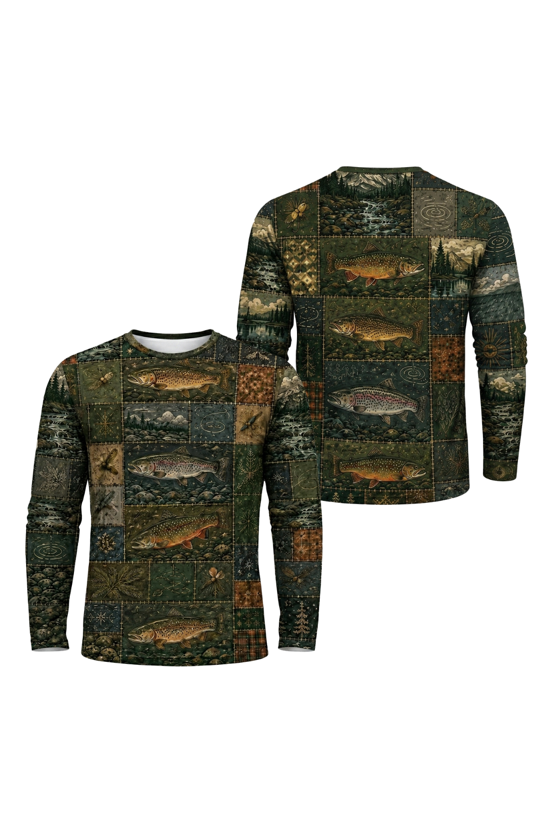 Performance Fishing Long Sleeve - Patchwork Trout Camp - RP06 two shirts front artwork