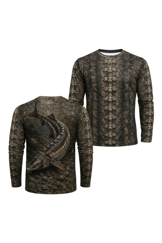 Performance Fishing Long Sleeve - Primal Ridge Sturgeon - TBT133 two shirts front artwork