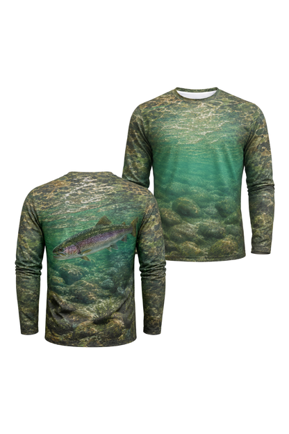Performance Fishing Long Sleeve - Rainbow Current Glide - AOF32 two shirts front artwork