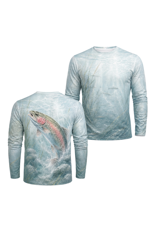 Performance Fishing Long Sleeve - Rainbow Trout Splash - AOF92 two shirts front artwork