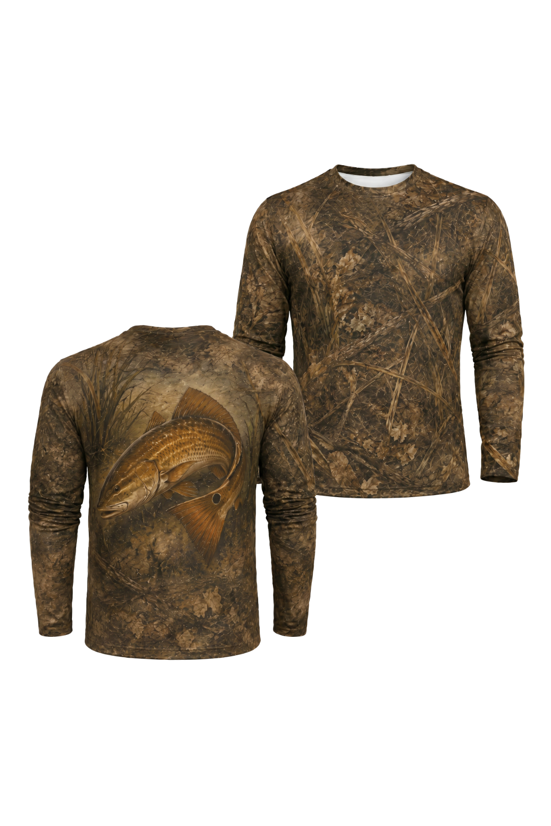 Performance Fishing Long Sleeve - Redfish Copper Tide Edge - AOF29 two shirts front artwork