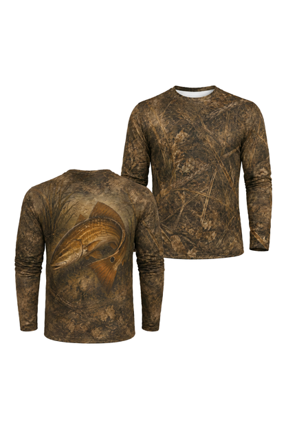 Performance Fishing Long Sleeve - Redfish Copper Tide Edge - AOF29 two shirts front artwork