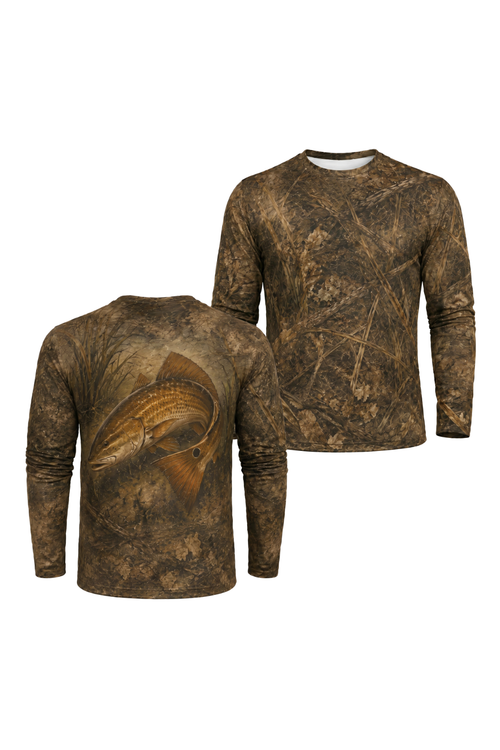 Performance Fishing Long Sleeve - Redfish Copper Tide Edge - AOF29 two shirts front artwork